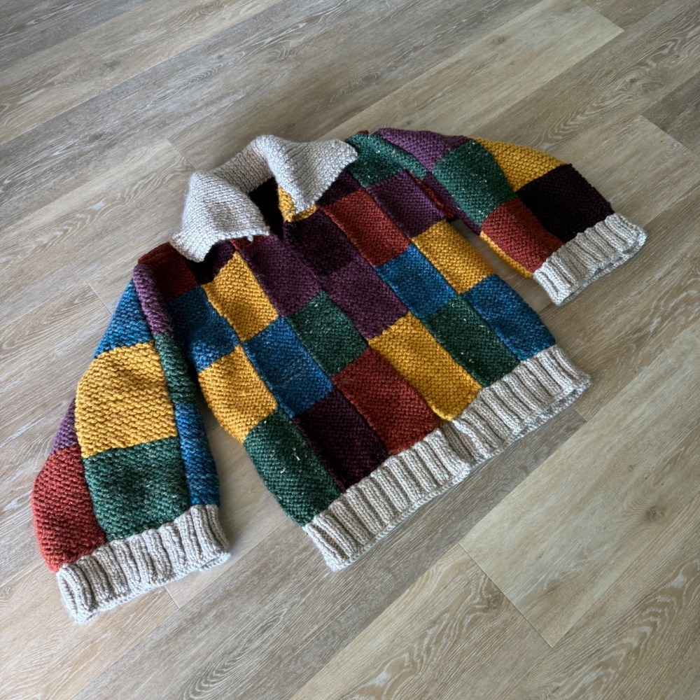 Handmade One Of A Kind Heavy Crochet Color Block Jacket Sweater Long Sleeve - Picture 11 of 16